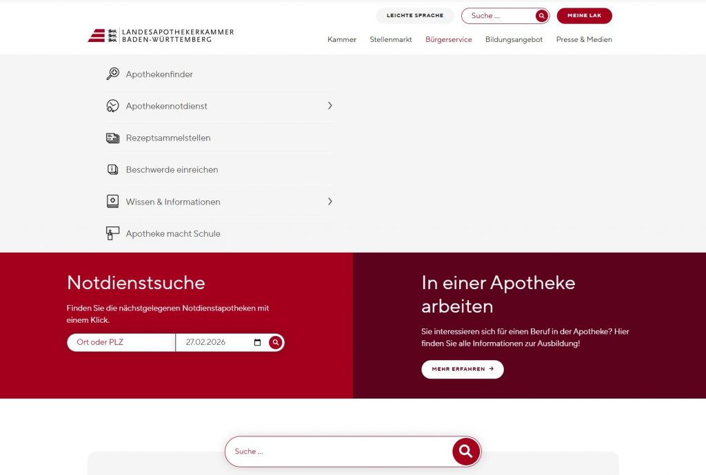LAK BW Webseite Notdienstsuche